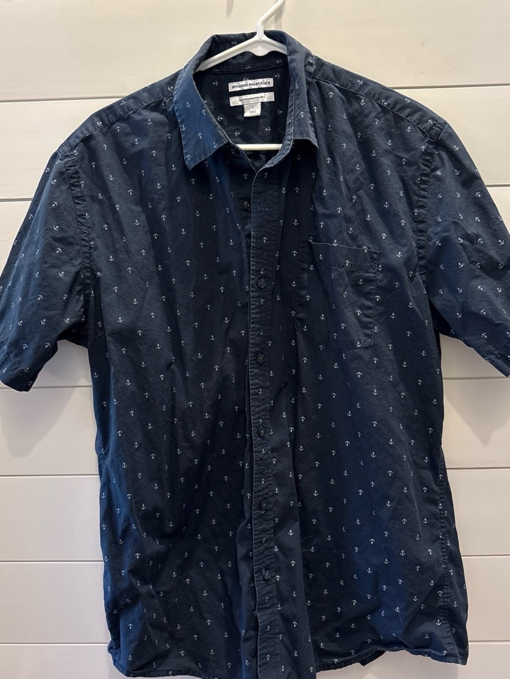 Navy Button-Down Short-Sleeve Shirt with White Anchor Print Coastal Nautical